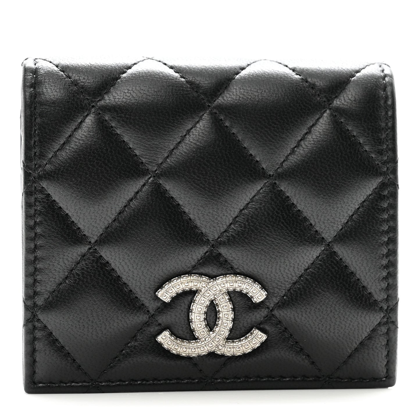 Lambskin Quilted CC Compact Bifold Wallet Black