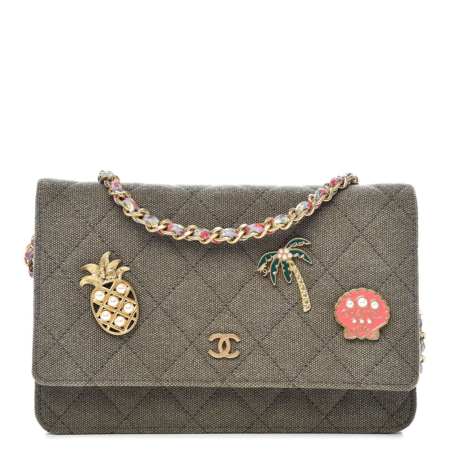 Chanel Canvas Quilted Coco Cuba Charms Wallet On Chain WOC Khaki 1 of 10