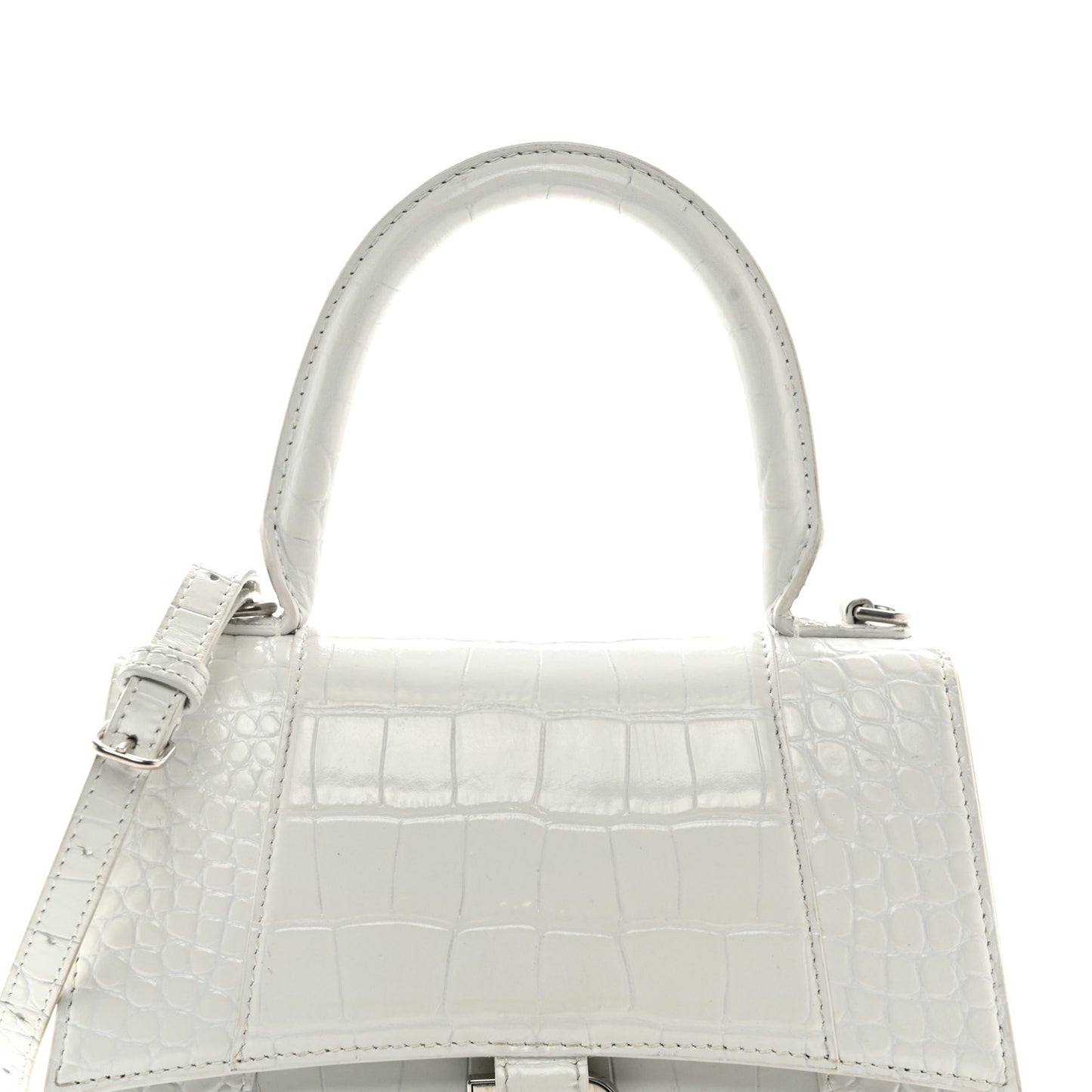 Shiny Calfskin Crocodile Embossed Small Hourglass Top Handle Bag White
