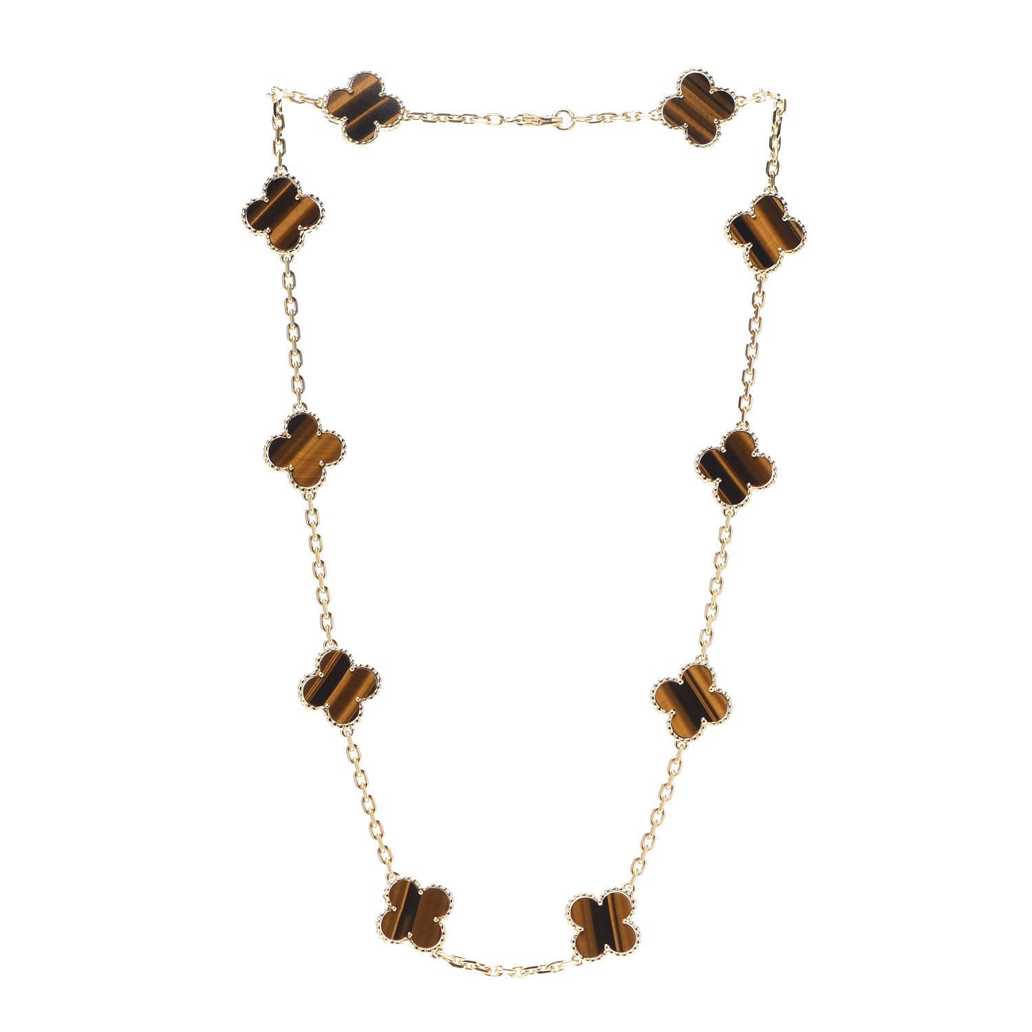 Van Cleef & Arpels 18K Yellow Gold Tiger Eye 10 Motifs Vintage Alhambra Necklace 3 of 7