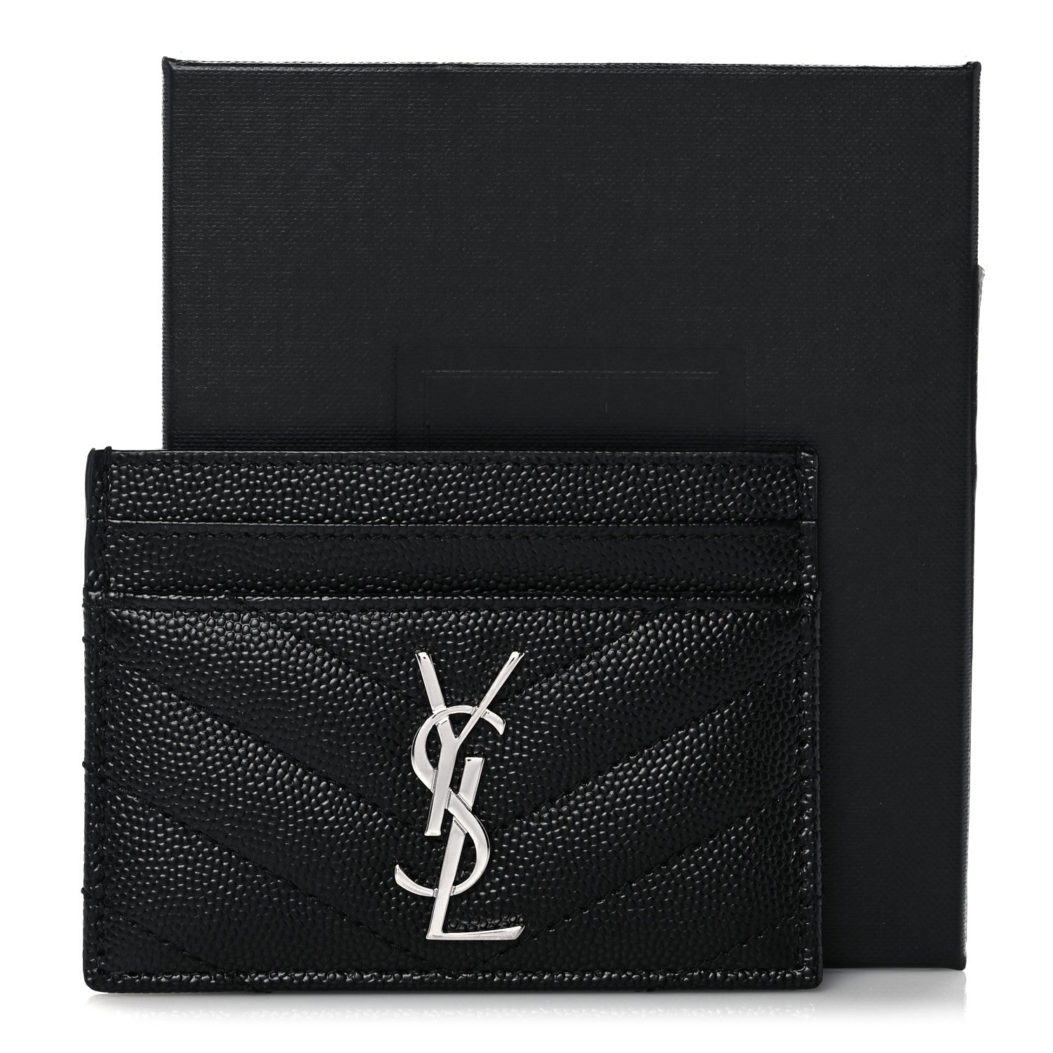 Saint Laurent Grain De Poudre Matelasse Chevron Monogram Credit Card Case Black 8 of 8