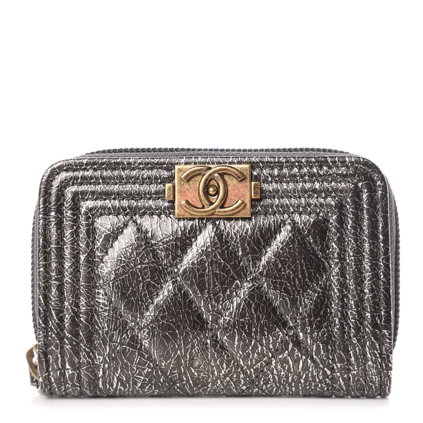 Cracked Metallic Calfskin Quilted Boy Zip Around Coin Purse Wallet Dark Silver