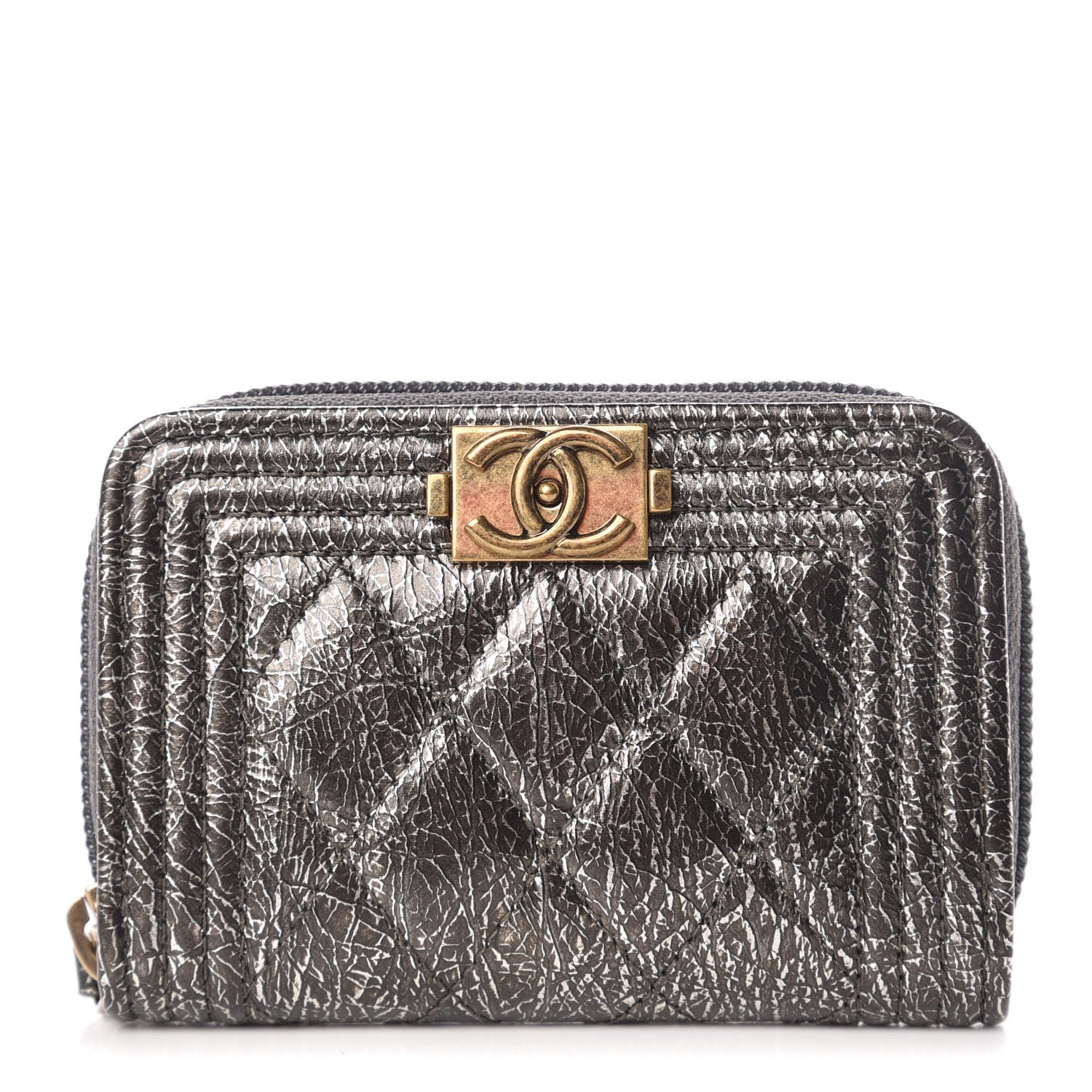 Chanel Cracked Metallic Calfskin Quilted Boy Zip Around Coin Purse Wallet Dark Silver 1 of 10