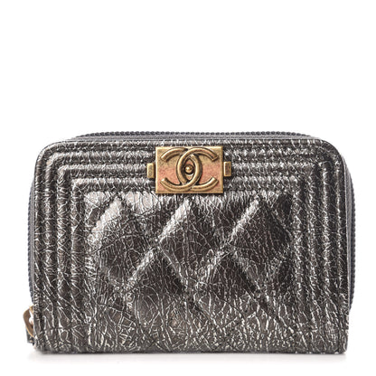 Chanel Cracked Metallic Calfskin Quilted Boy Zip Around Coin Purse Wallet Dark Silver 1 of 10