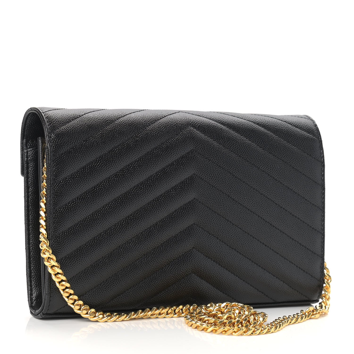Saint Laurent Grain De Poudre Matelasse Chevron Monogram Chain Wallet Black 3 of 8