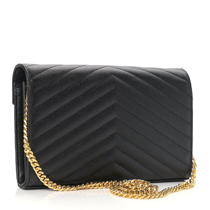 Saint Laurent Grain De Poudre Matelasse Chevron Monogram Chain Wallet Black 3 of 8