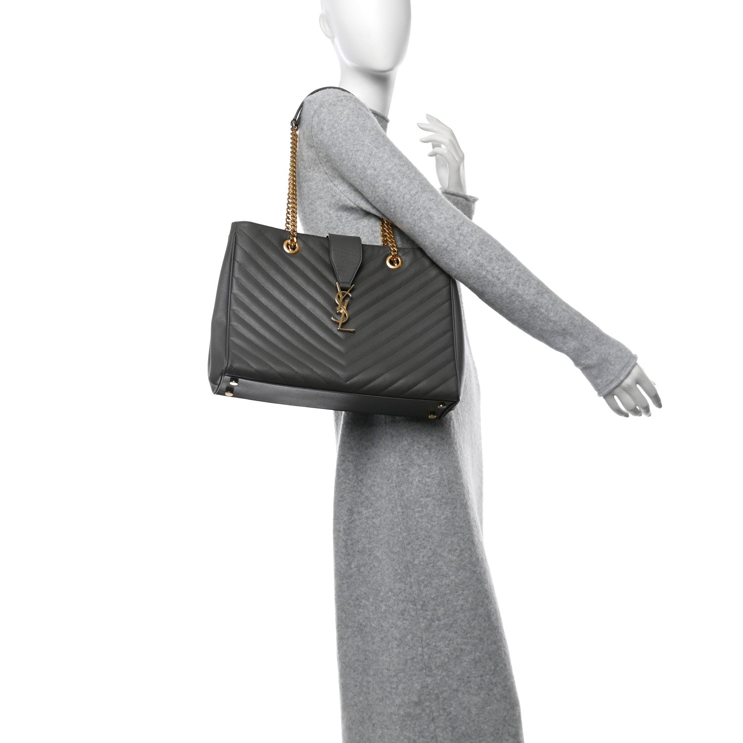 Saint Laurent Grain De Poudre Matelasse Chevron Monogram Shopping Bag Fog 2 of 14