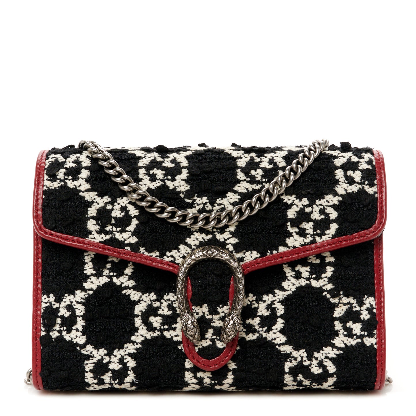 Tweed GG Monogram Mini Dionysus Chain Wallet Black White Romantic Cherry