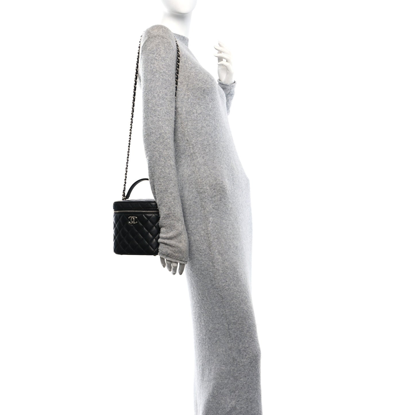 Caviar Quilted Small Top Handle Vanity Case With Chain Black