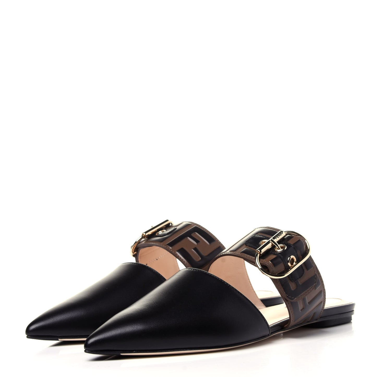 Vitello FF Embossed Buckle Flat Mules 37.5 Maya Black