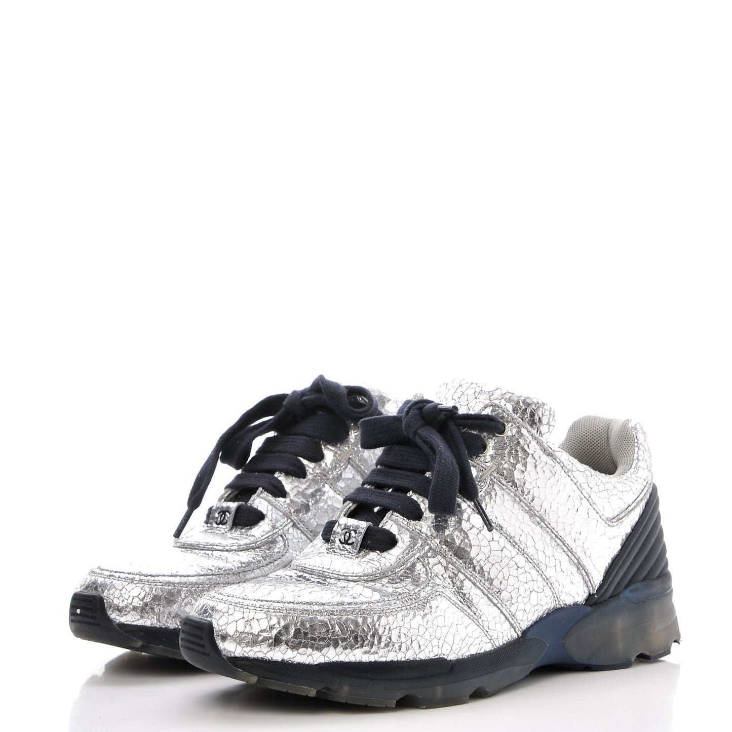 Metallic Crackled Calfskin CC Sneakers 37 Silver Black Navy