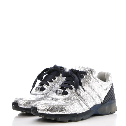 Chanel Metallic Crackled Calfskin CC Sneakers 37 Silver Black Navy 3 of 10