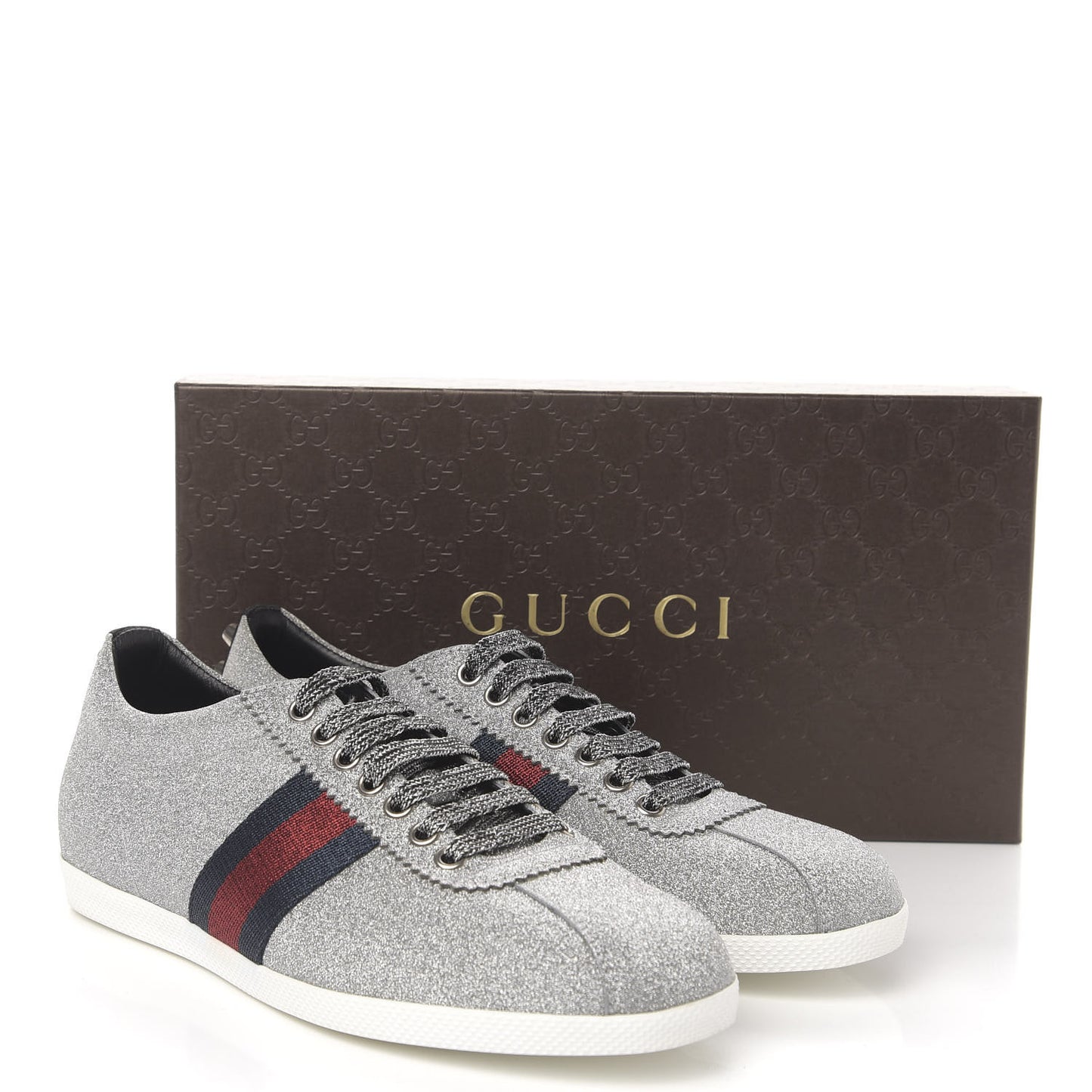 Metallic Calfskin Studded Bambi Web GG Sneakers 39.5 Silver