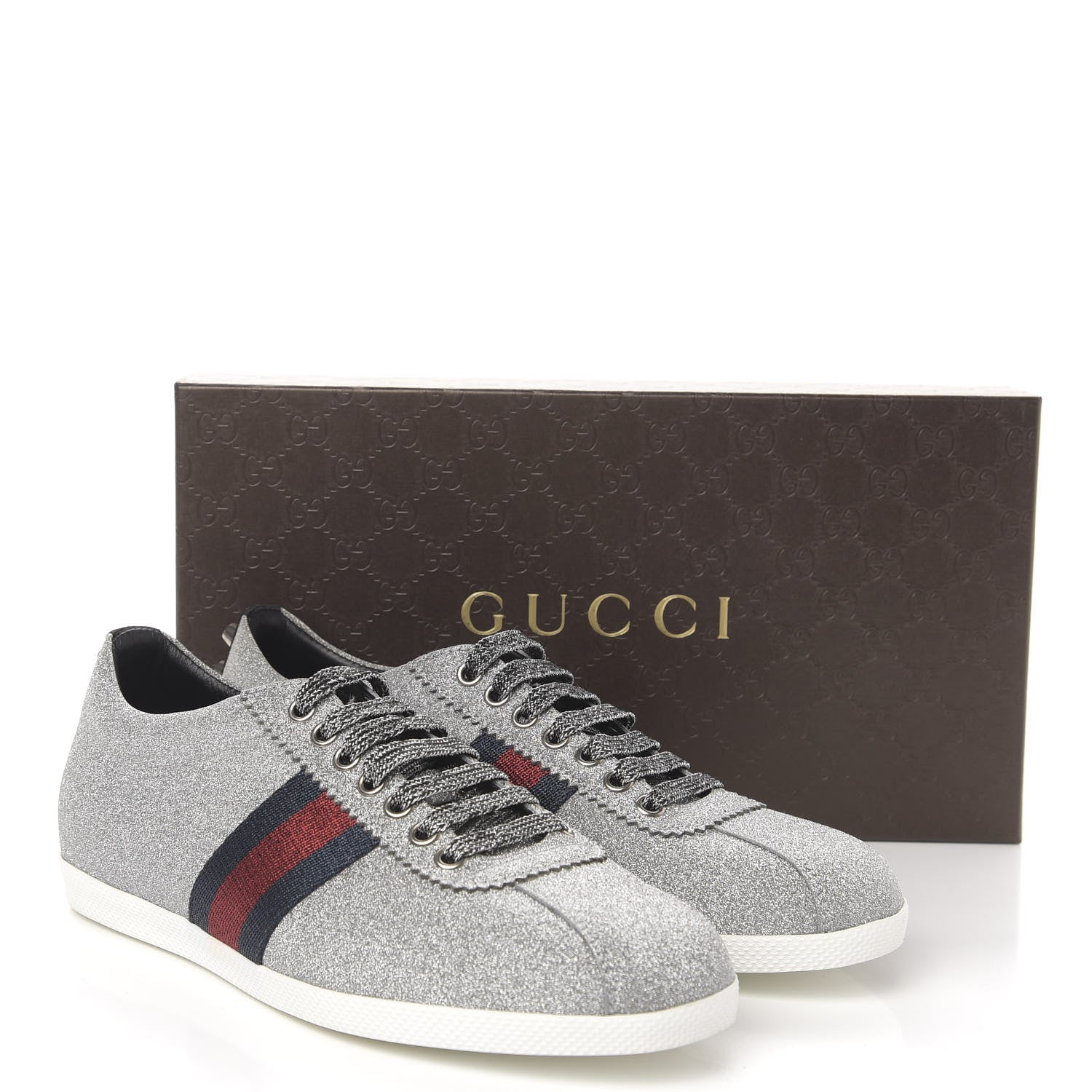 Gucci Metallic Calfskin Studded Bambi Web GG Sneakers 39.5 Silver 10 of 10