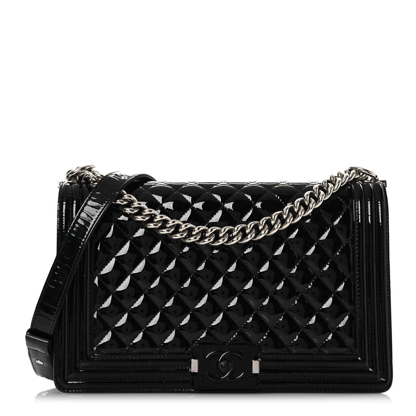 Patent Calfskin Quilted New Medium Plexiglass Boy Flap Black