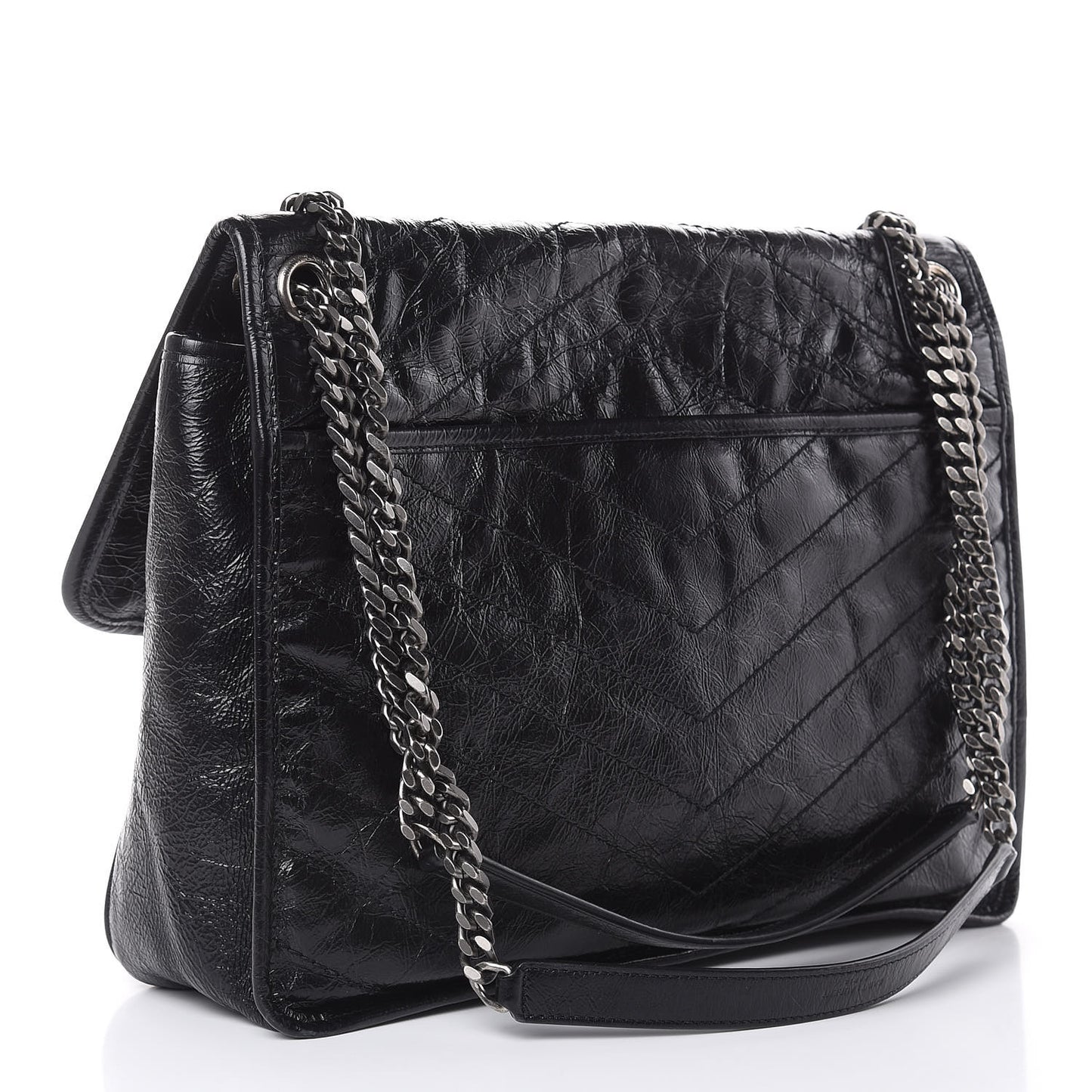 Crinkled Calfskin Matelasse Monogram Large Niki Chain Satchel Black