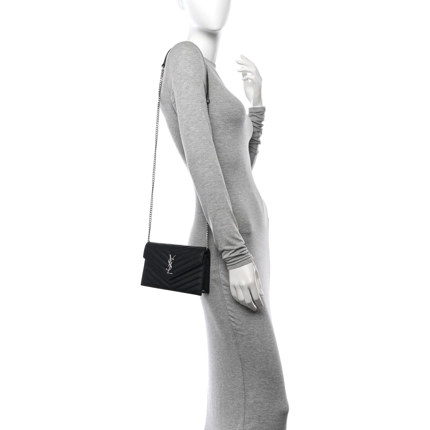 Saint Laurent Grain De Poudre Matelasse Chevron Monogram Envelope Chain Wallet Black 3 of 10