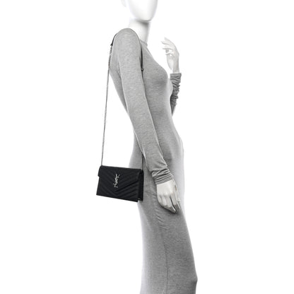 Saint Laurent Grain De Poudre Matelasse Chevron Monogram Envelope Chain Wallet Black 3 of 10