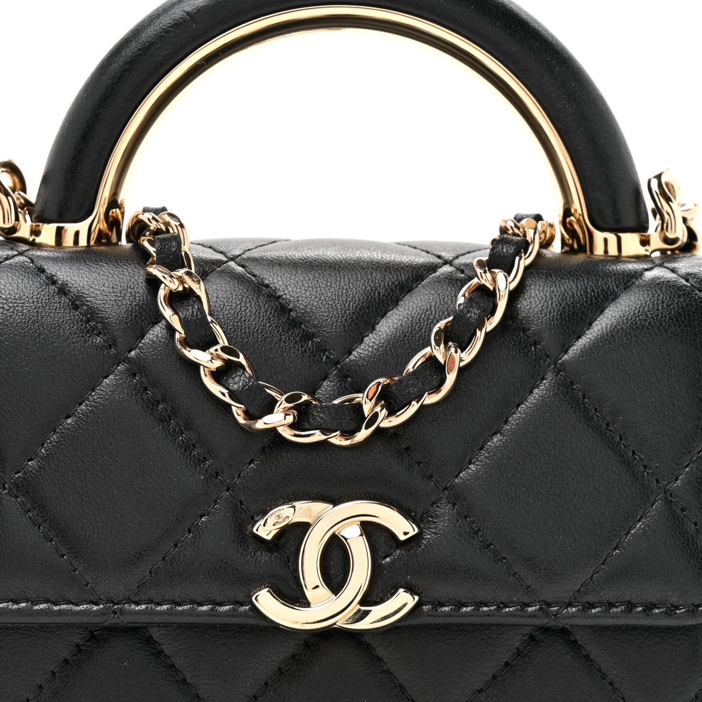 Lambskin Quilted Top Handle Flap Clutch With Chain Black