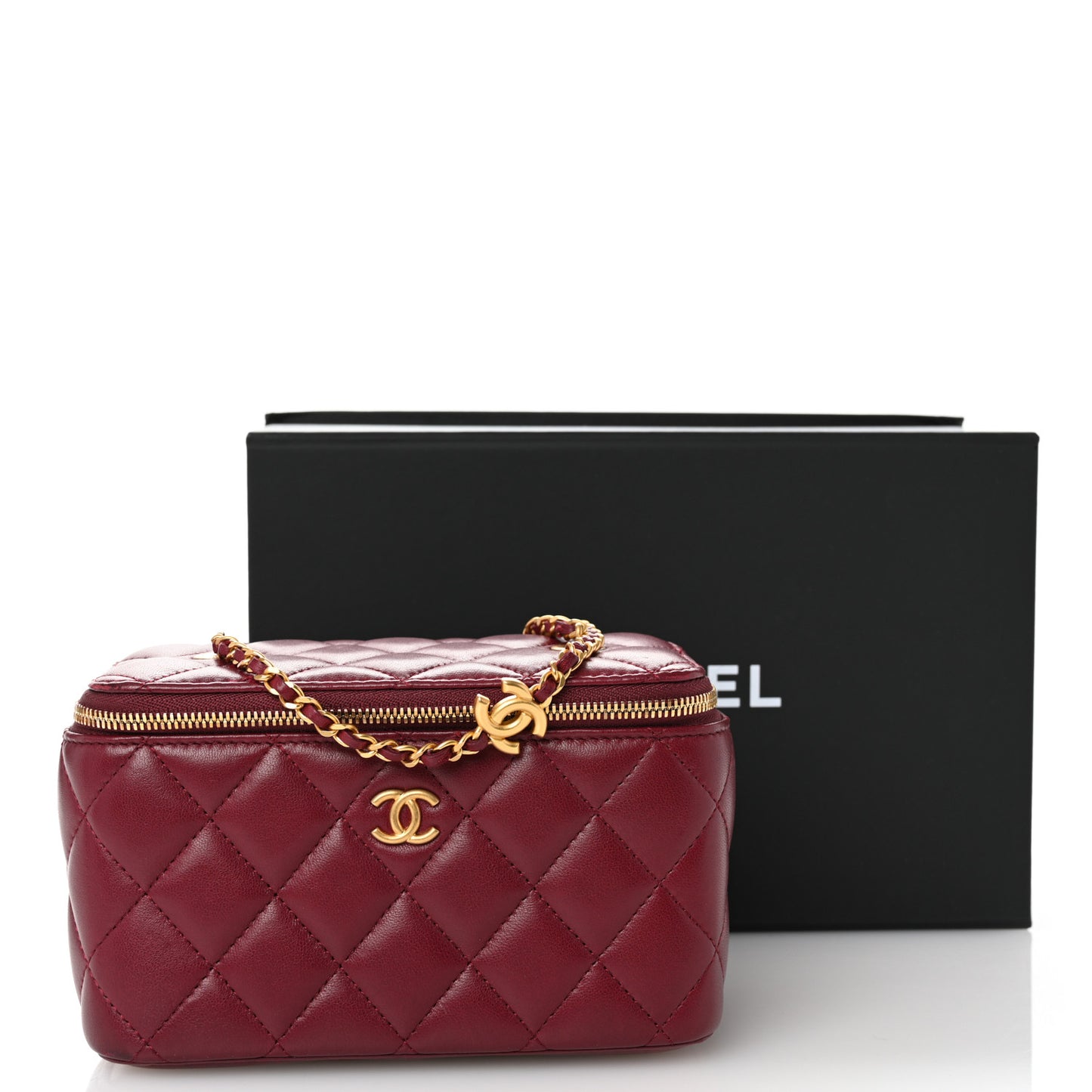Lambskin Enamel Quilted Small Coco Hearts Vanity Case With Chain Burgundy