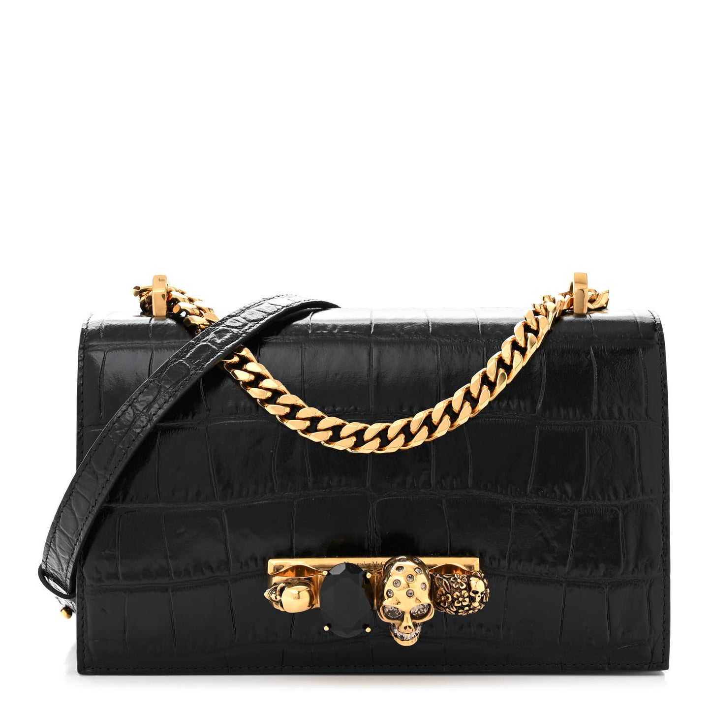Shiny Crocodile Embossed Jeweled Satchel Black