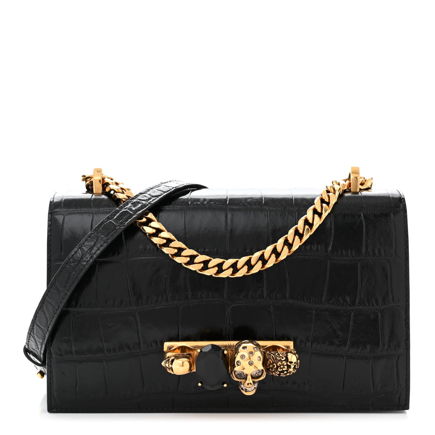 Alexander McQueen Shiny Crocodile Embossed Jeweled Satchel Black 1 of 9