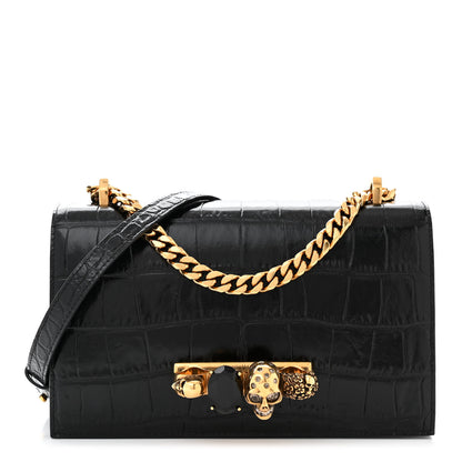 Alexander McQueen Shiny Crocodile Embossed Jeweled Satchel Black 1 of 9