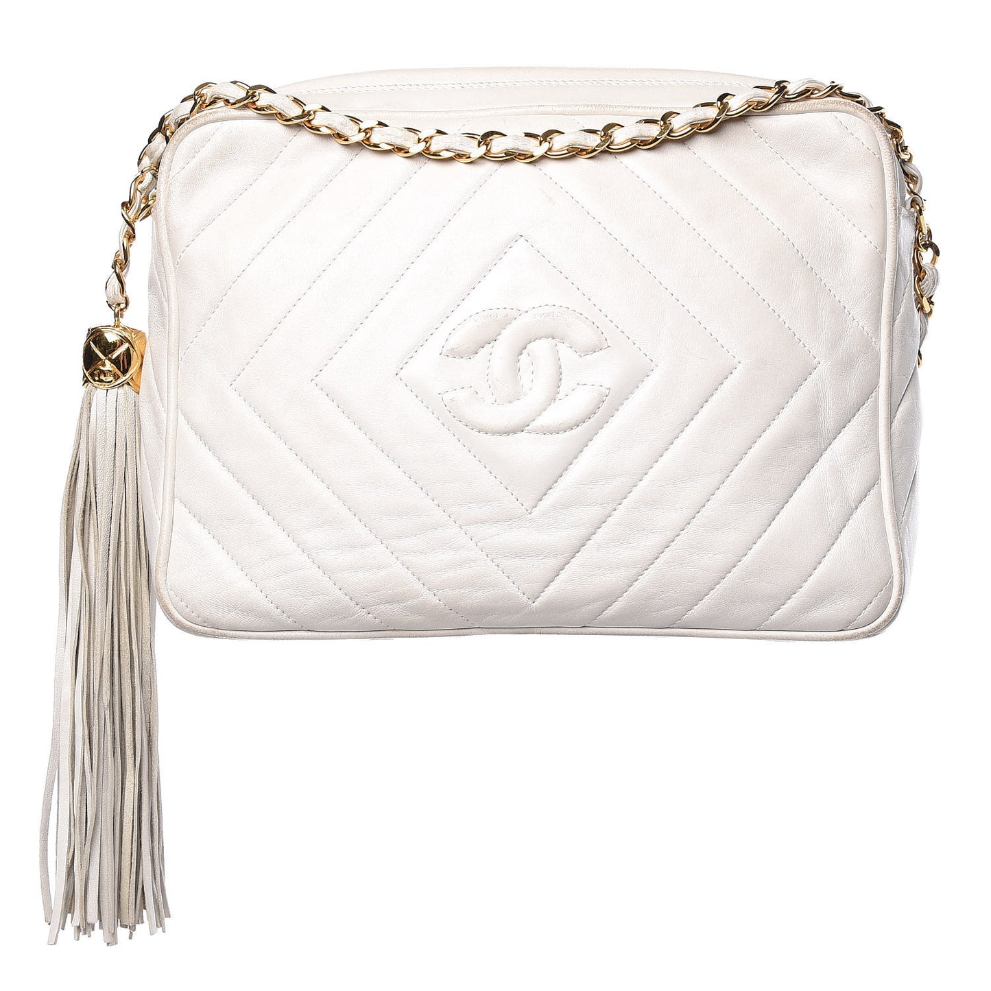 Lambskin Chevron Tassel Camera Case White