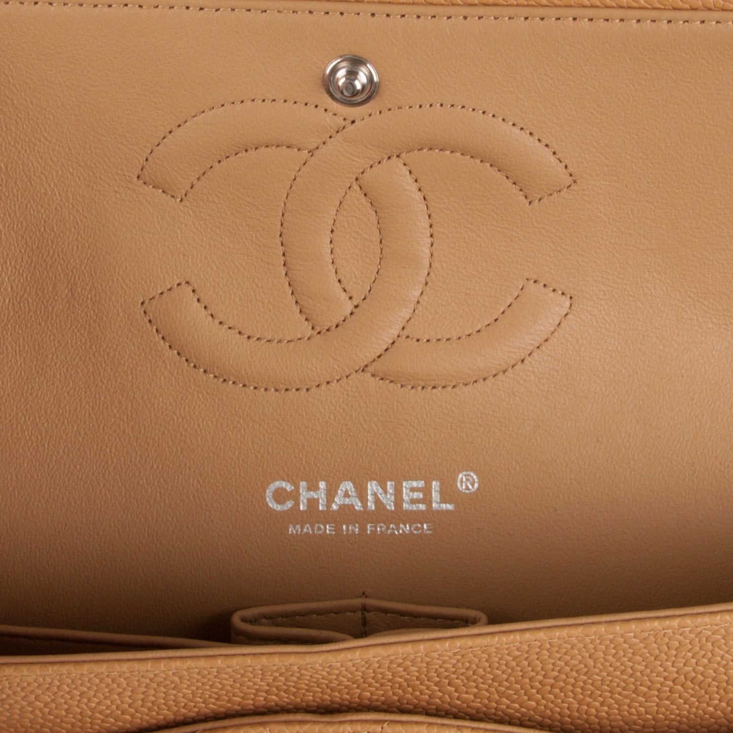 Caviar Quilted Medium Double Flap Beige
