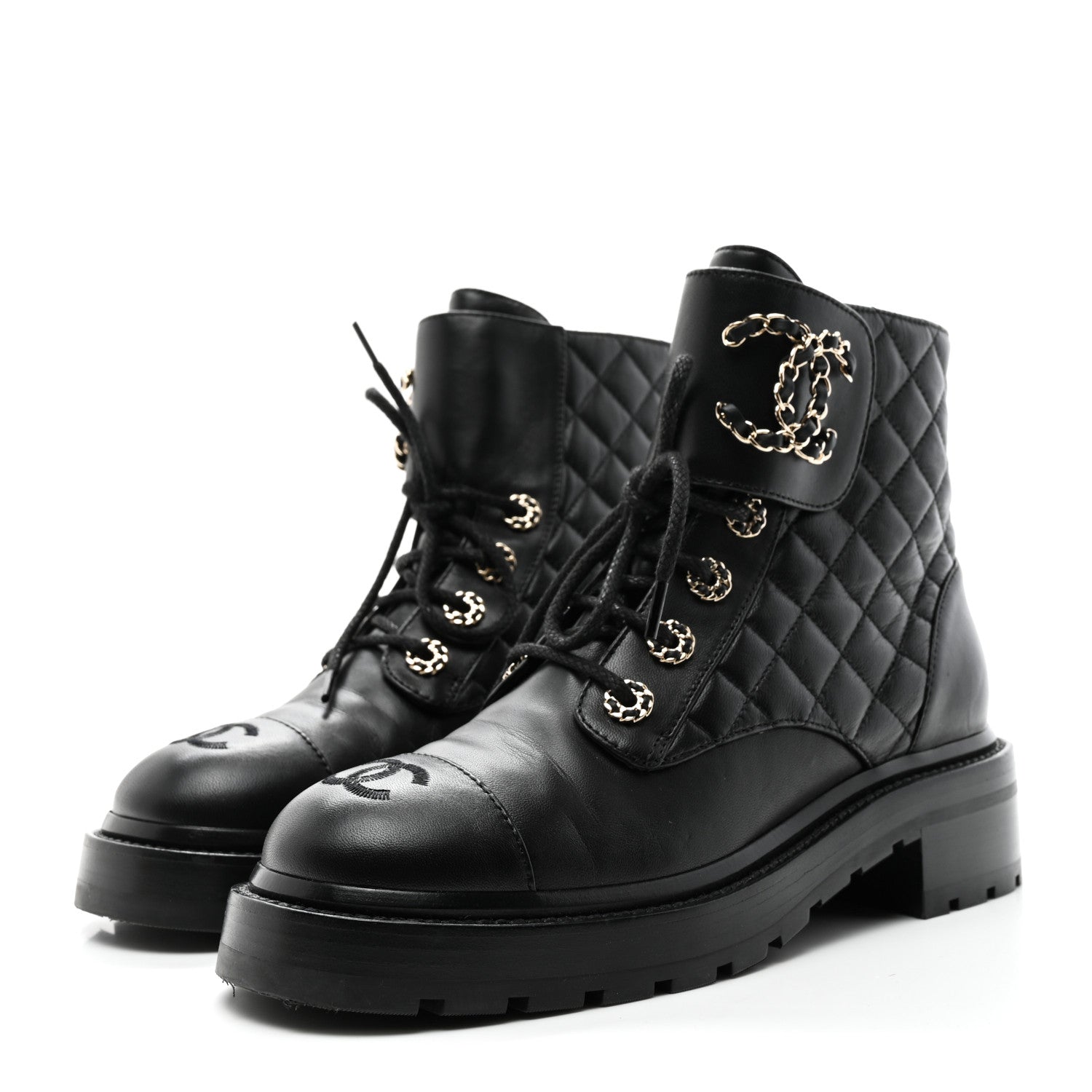 Chanel Shiny Goatskin Calfskin Quilted Lace Up Combat Boots 37.5 Black 3 of 10