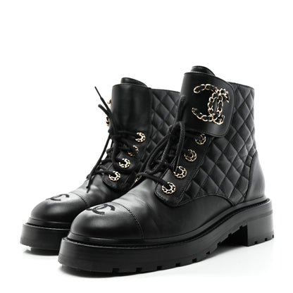 Chanel Shiny Goatskin Calfskin Quilted Lace Up Combat Boots 37.5 Black 3 of 10