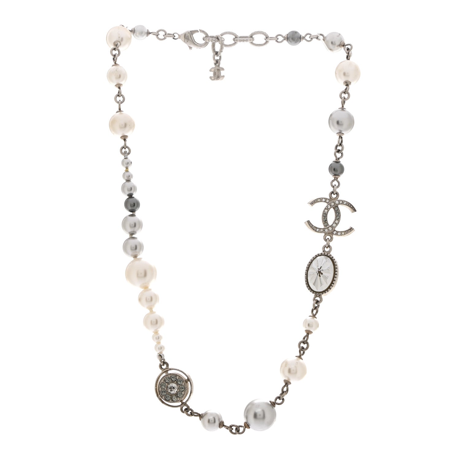 Chanel Pearl Crystal CC Choker Necklace Silver Pearly White 3 of 7