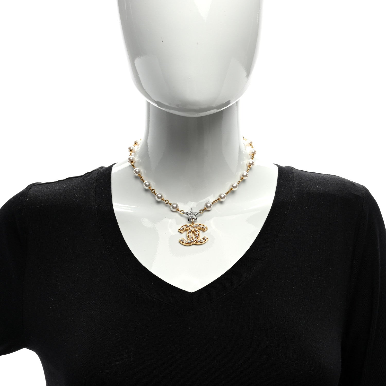 Chanel Metal Pearl Crystal CC Star Necklace Gold 2 of 4