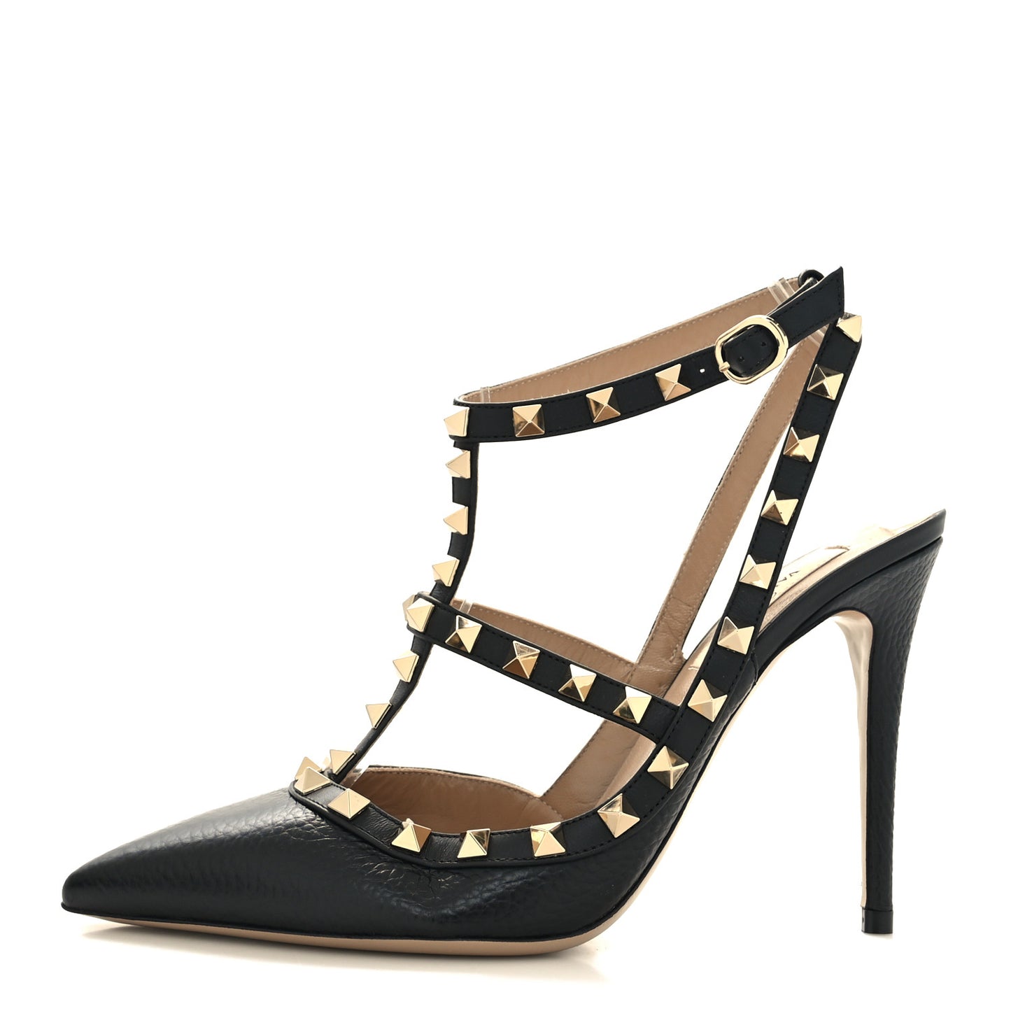 Pebbled Calfskin Rockstud Ankle Strap 100mm Pumps 38 Black