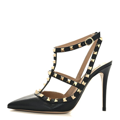 Valentino Garavani Pebbled Calfskin Rockstud Ankle Strap 100mm Pumps 38 Black 1 of 8