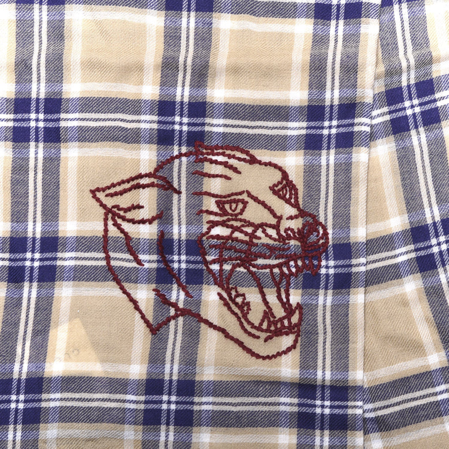 Gucci Wool Tiger Embroidered Plaid Scarf Beige Navy 3 of 4