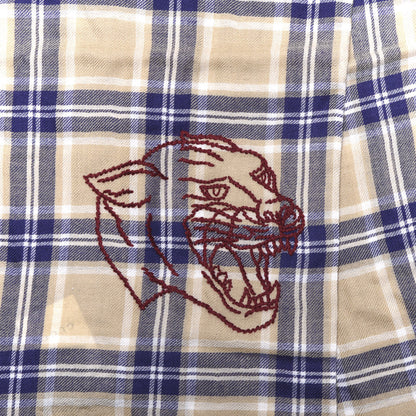 Gucci Wool Tiger Embroidered Plaid Scarf Beige Navy 3 of 4