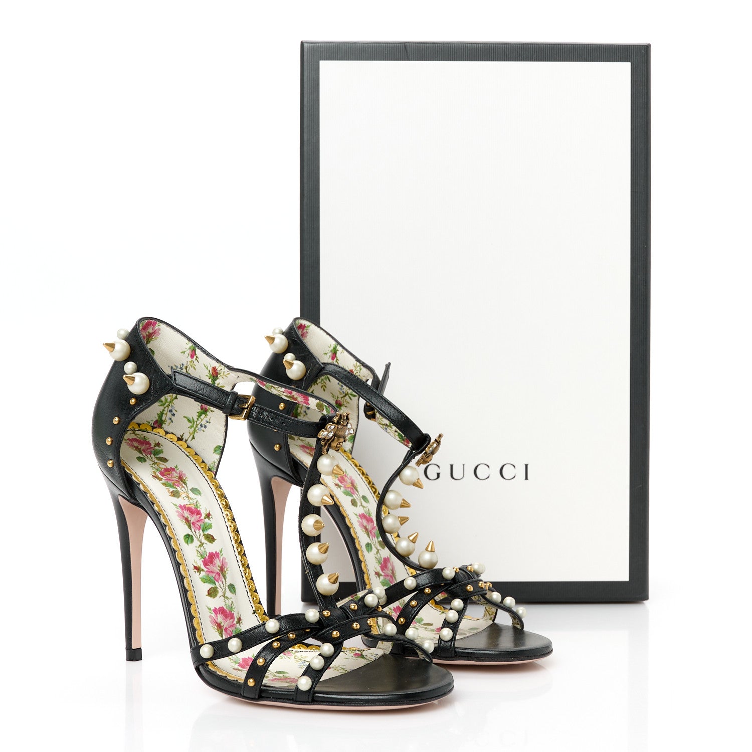 Gucci Calfskin Pearl Studded Regina T-Strap High Heel Sandals 35.5 Black 9 of 9