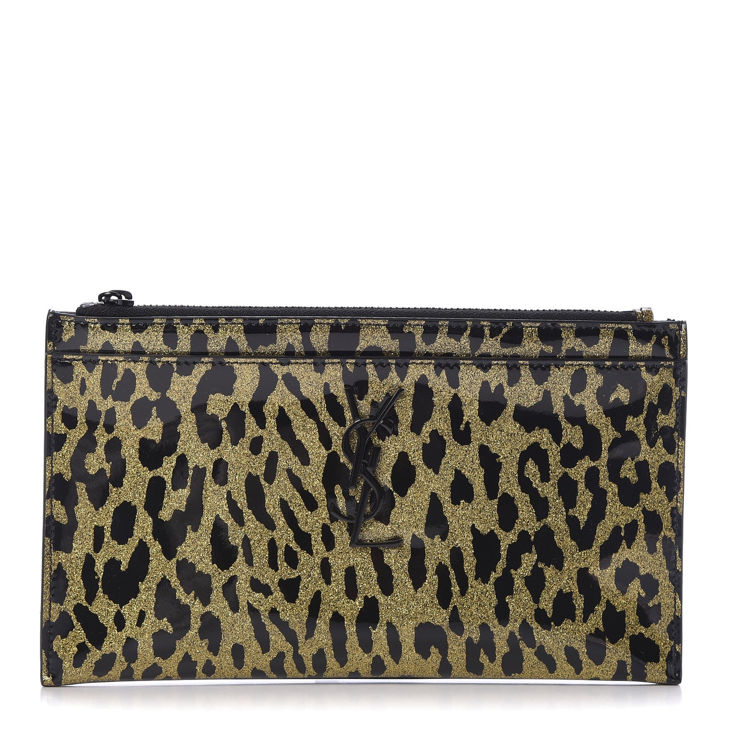 Patent Glitter Leopard Monogram Zip Pouch Gold Black