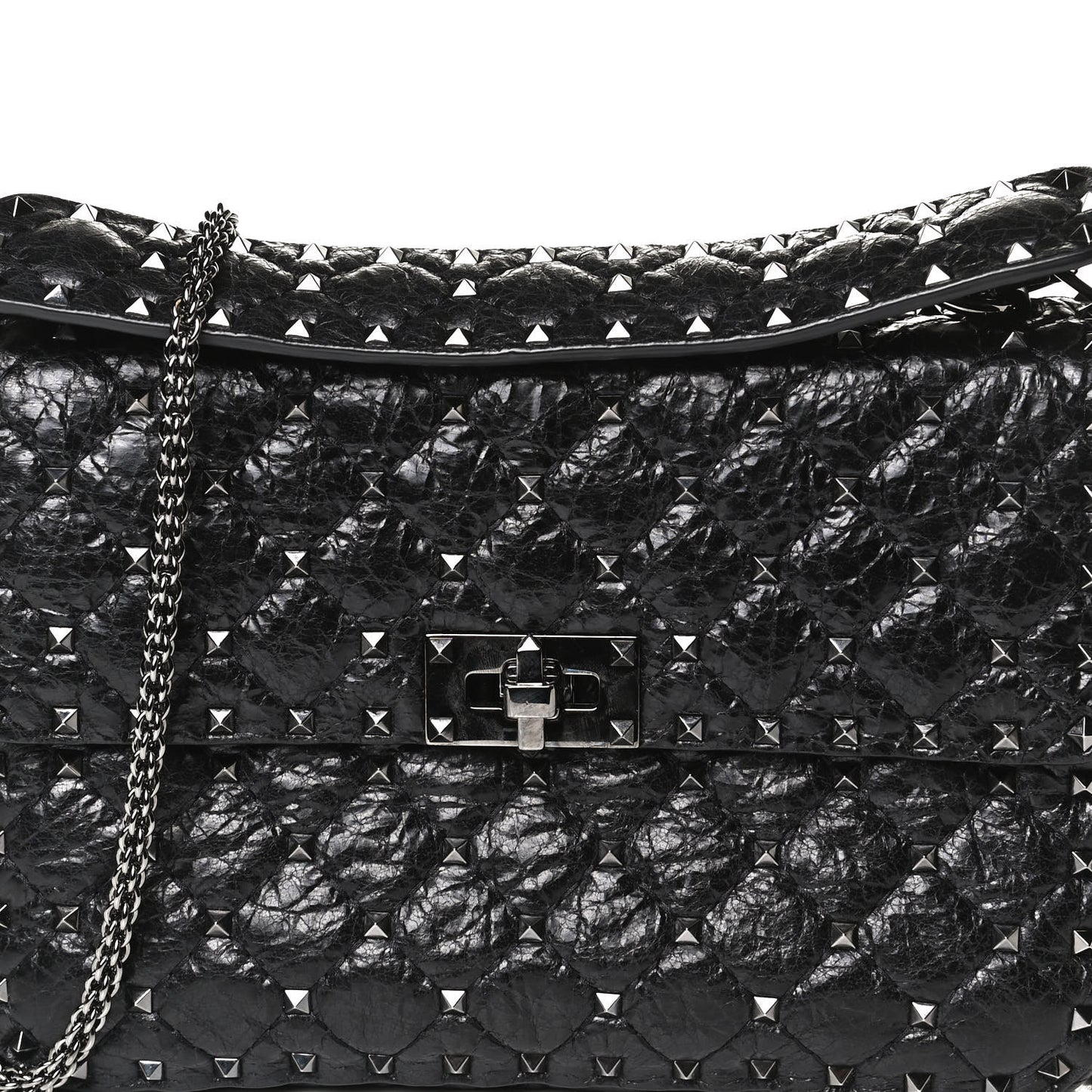 Craquele Nappa Medium Rockstud Spike Shoulder Bag Black