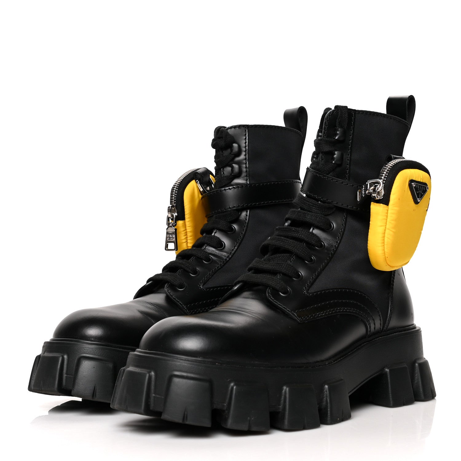 Prada Spazzolato Rois Re-Nylon Metal Triangle Logo Mens Monolith Pouch Pocket 60mm Combat Boots 7.5 Black 3 of 8