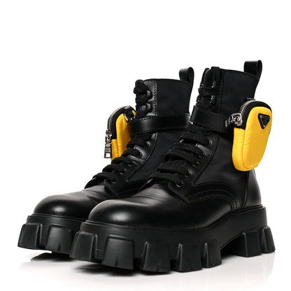Prada Spazzolato Rois Re-Nylon Metal Triangle Logo Mens Monolith Pouch Pocket 60mm Combat Boots 7.5 Black 3 of 8