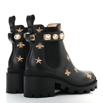 Gucci Calfskin Bee Star Embroidered Belt Ankle Boots 36 Black 4 of 7