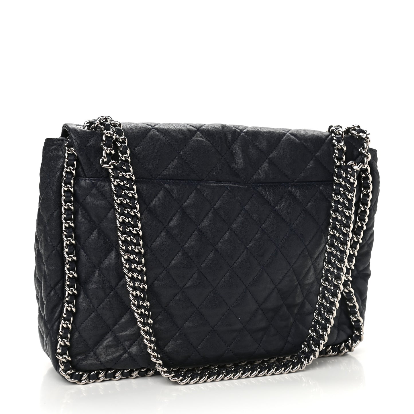 Washed Lambskin Quilted Chain Around Maxi Flap Dark Navy Blue