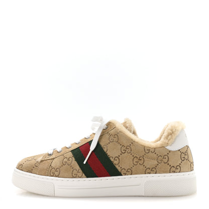 Gucci Suede Shearling Prestige GG Monogram Web Womens Ace Sneakers 37.5 Beige White Multicolor Mystic White 1 of 9
