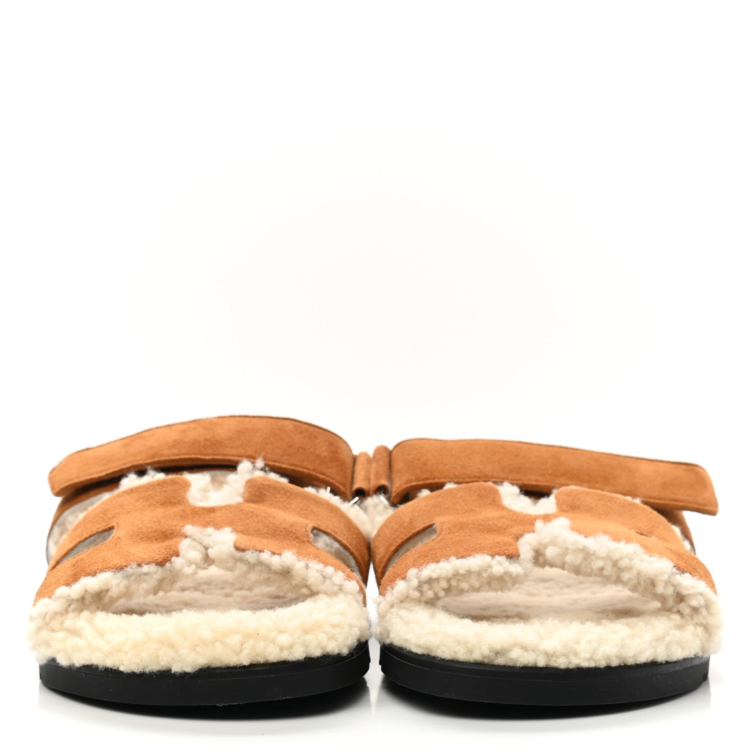 Hermes Suede Goatskin Woolskin Womens Chypre Sandals 39.5 Brun Fume Ecru 2 of 8