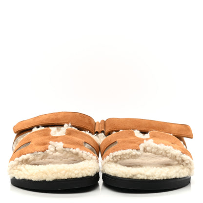 Hermes Suede Goatskin Woolskin Womens Chypre Sandals 39.5 Brun Fume Ecru 2 of 8