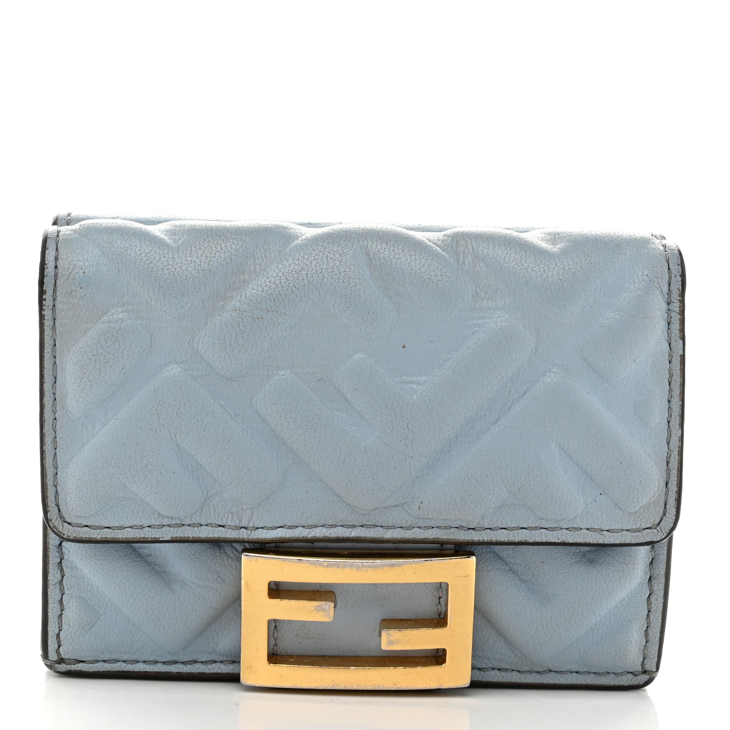 Fendi Nappa Matisse FF Diagonal Embossed Micro Tri-Fold Wallet Azzurro Polvere 1 of 8