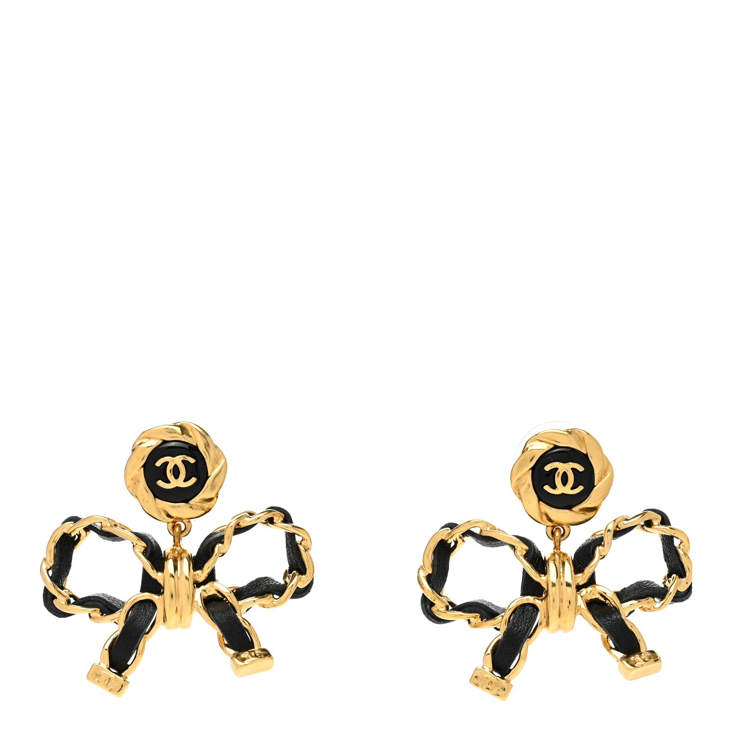 Chanel Lambskin Chain Bow Drop Earrings Black Gold 1 of 4