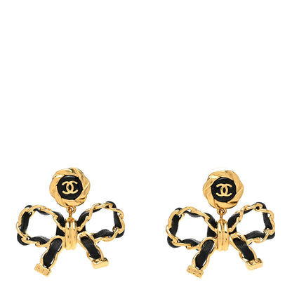 Chanel Lambskin Chain Bow Drop Earrings Black Gold 1 of 4